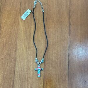 Vintage Y2K Cross Pendant Necklace with turquoise, red, and white beads.